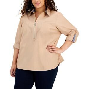 Tommy Hilfiger Cotton Half Zip Long Sleeve Shirt in Brown Sugar Tan Plus 2X NWT